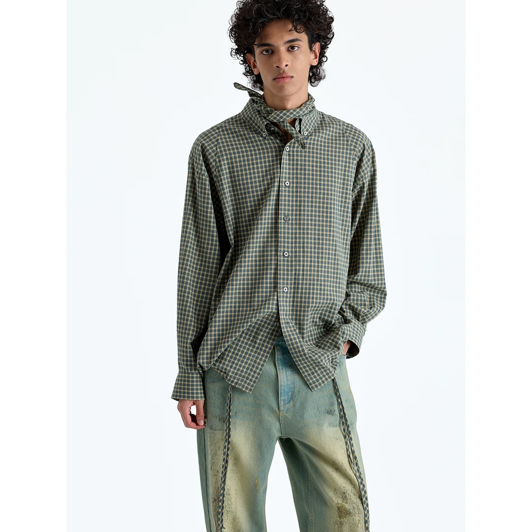 NANS STUDIO长绒棉提花格纹肩部分割抽绳调节纽扣领廓形休闲衬衫