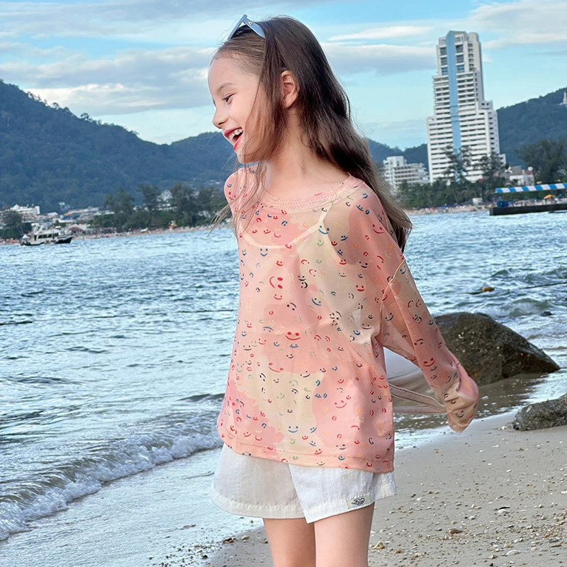 图图小象童装长袖T2025夏季新款女童罩衫韩版镂空亲子装休闲上衣