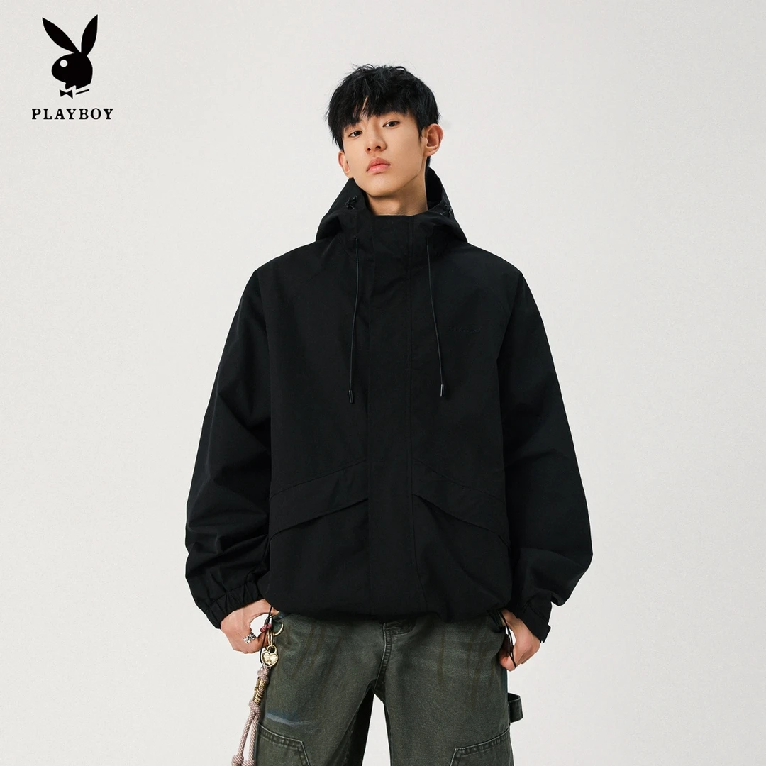 花花公子潮牌刺绣连帽夹克男秋季运动冲锋衣高街百搭宽松休闲外套