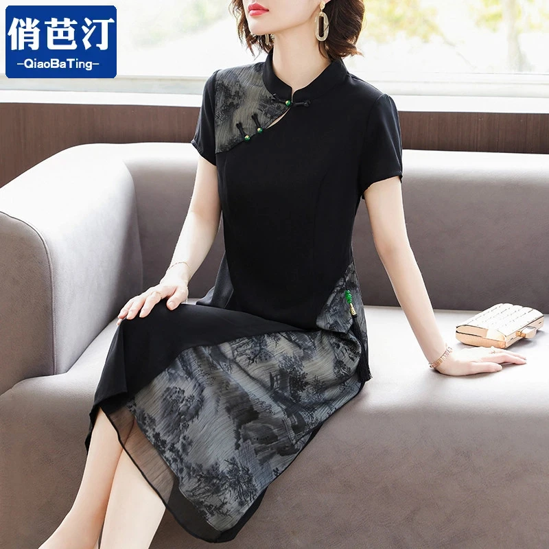 俏芭汀母亲节妈妈夏装改良旗袍裙子中老年女装短袖雪纺高贵连衣裙