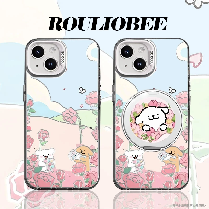 夕与空郁金香小狗圆形支架适用苹果16promax元气手机壳华为vivo小