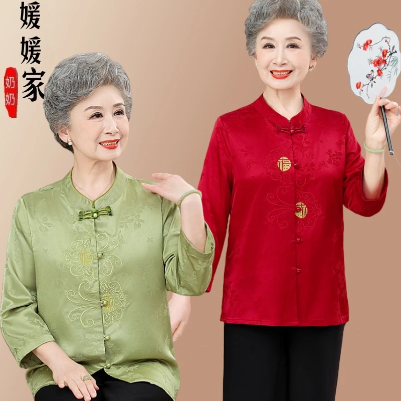 中老年衬衫女中袖上衣新中式妈妈衬衣2025夏开衫老人奶奶衣服国风