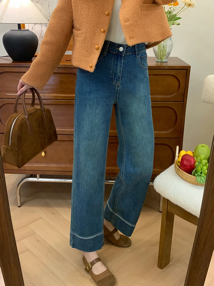 蓝色直筒牛仔裤女春秋新款大码胖妹妹梨形身材显瘦弹力宽松阔腿裤