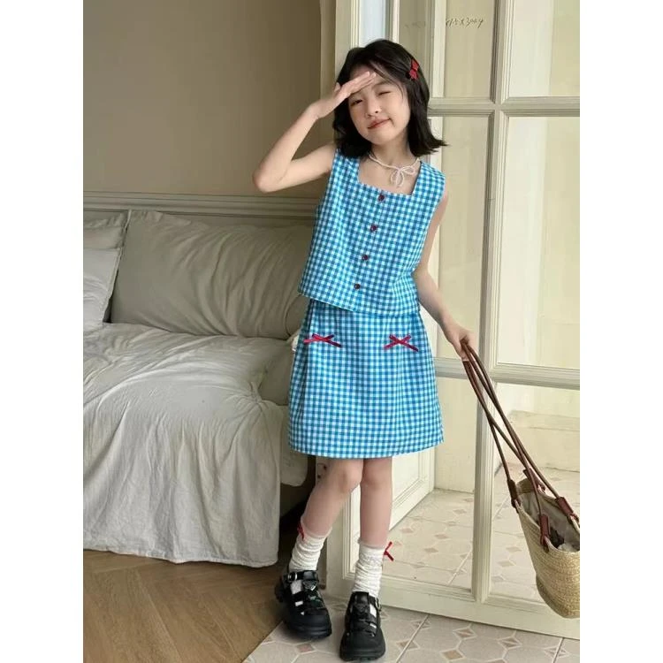 408161《现》儿童韩版休闲舒适时尚洋气日常格子百搭套装