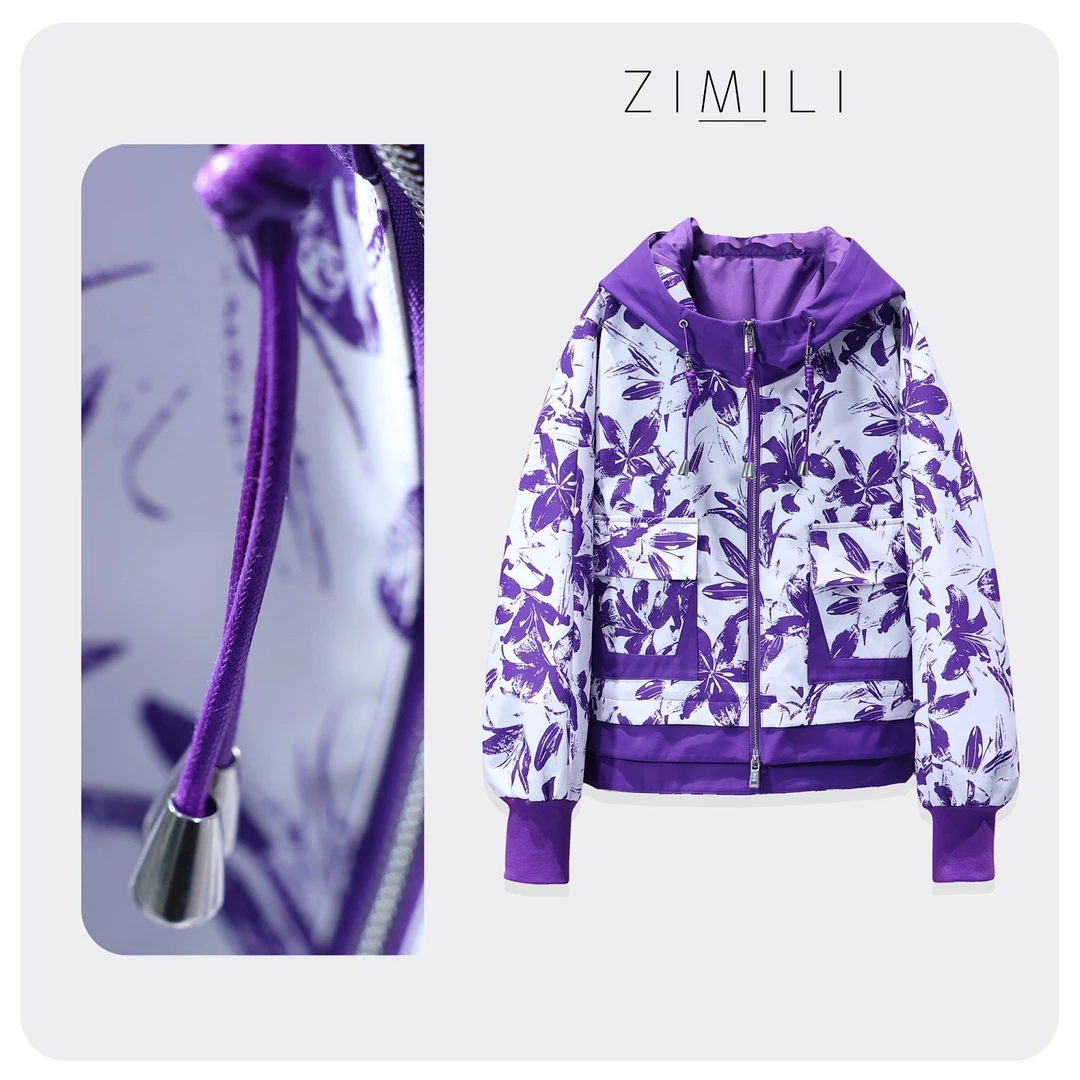 【子秋女装】2025春夏季新款暗夜紫花朵满印优雅知性连帽外套6201