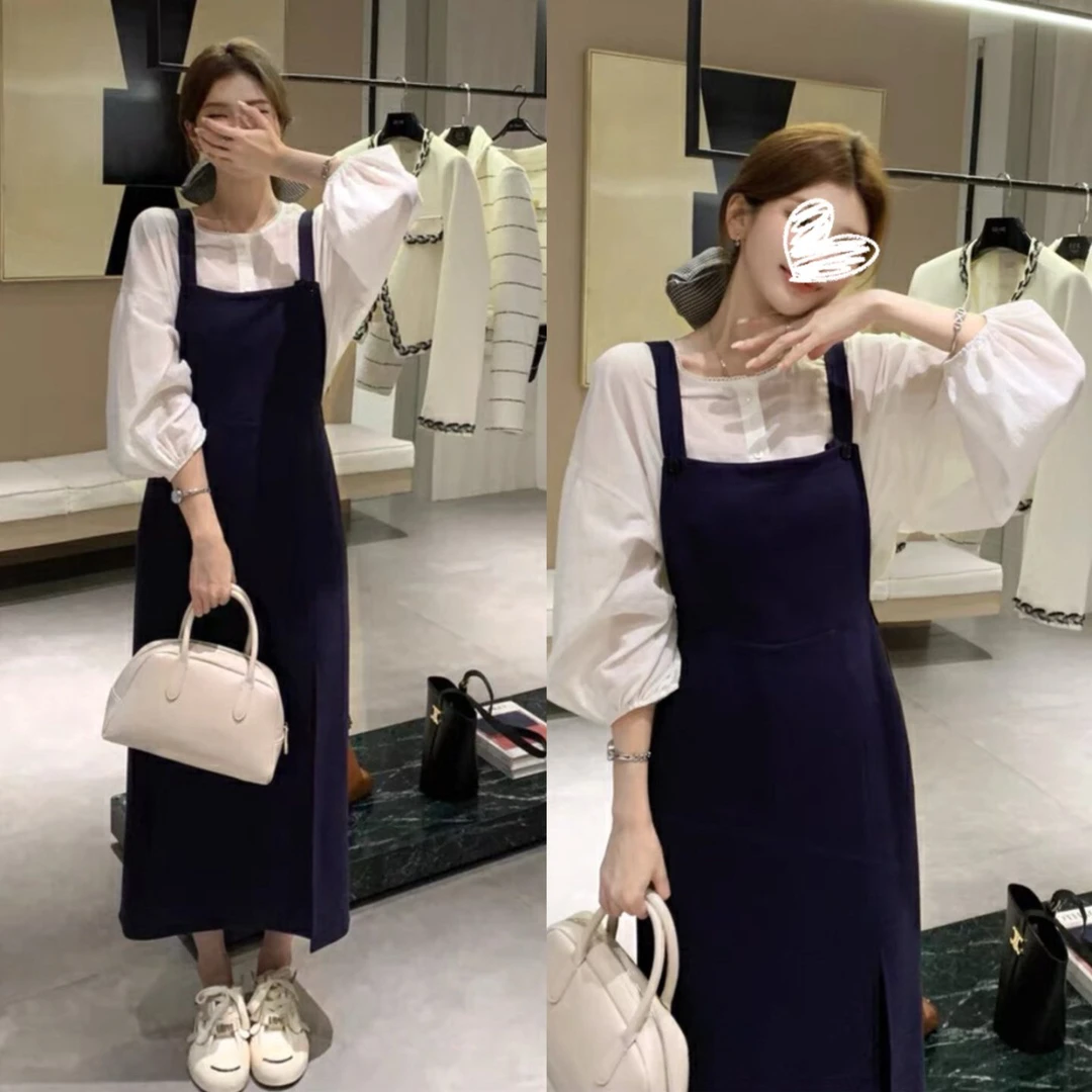 【莱蒙庄园】 夏季百搭时尚休闲气质纯色衬衫+背带裙两件套女A1506