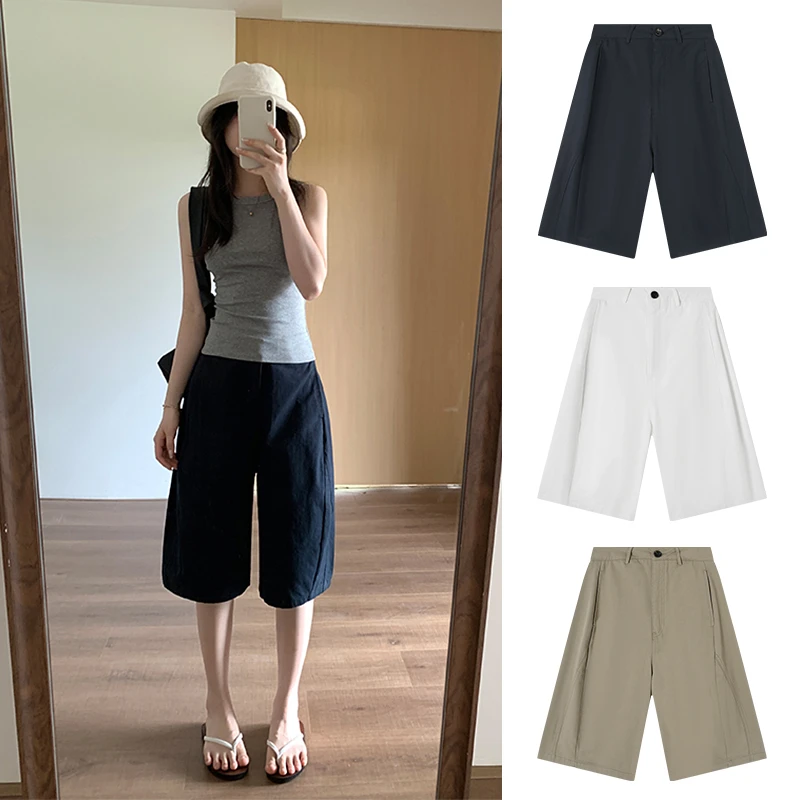 Miss sumeyY3870自制高街直筒立体剪裁五分裤女高腰百搭休闲短裤