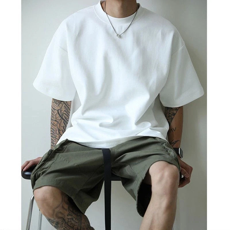 重磅t恤夏天纯棉加厚小领口短袖二本针高支数纯白色宽松体恤休闲