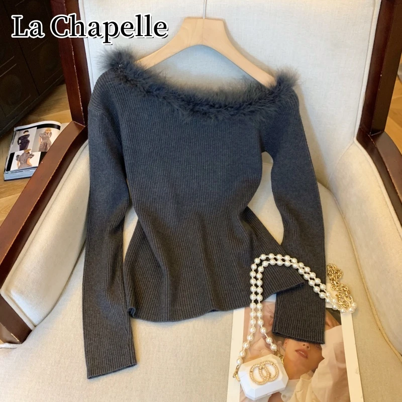 拉夏贝尔秋冬毛绒边斜领气质针织衫洋气百搭显瘦纯色套头打底上衣