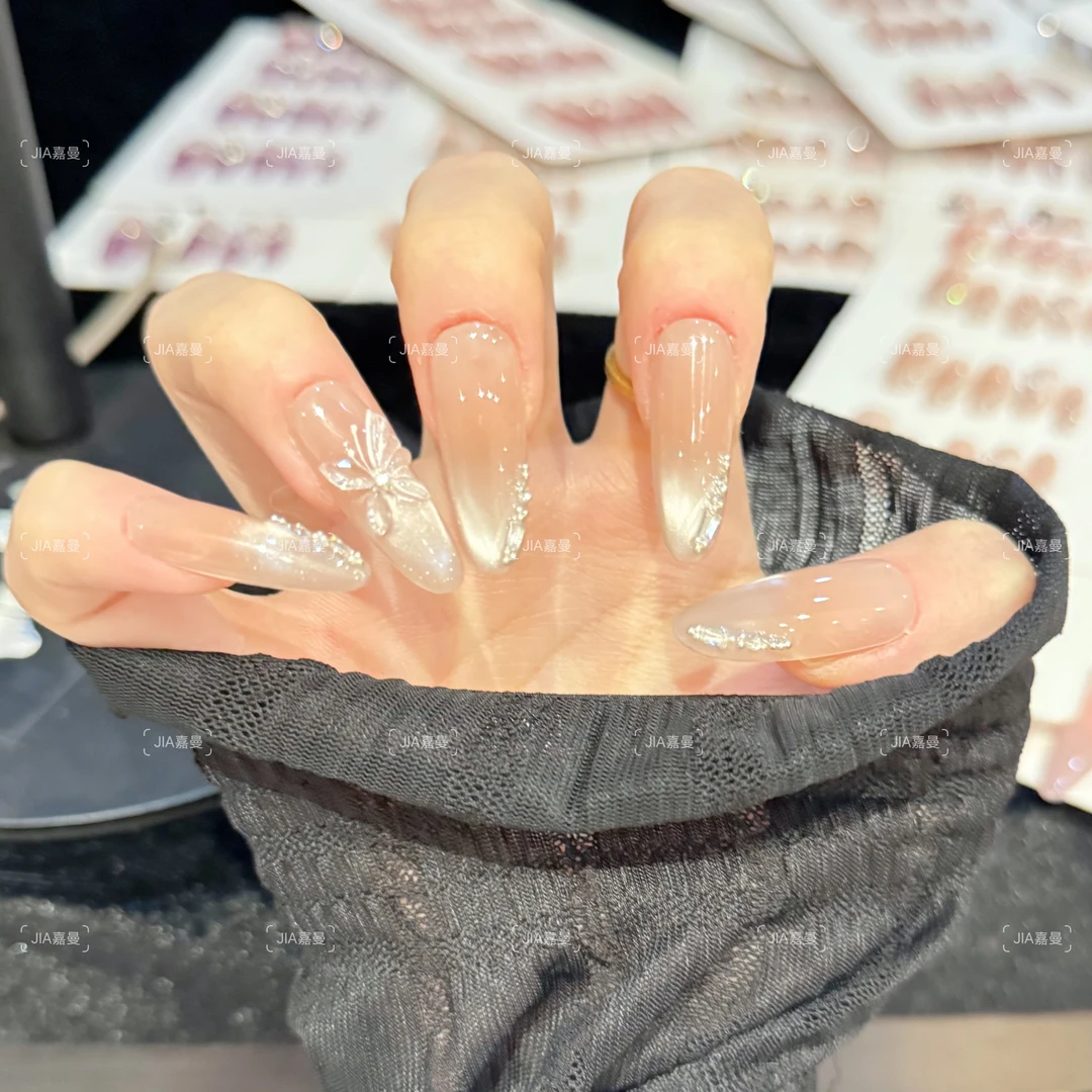 【霜蝶】中长款冰透猫眼裸色显白高级感日常美甲穿戴甲片