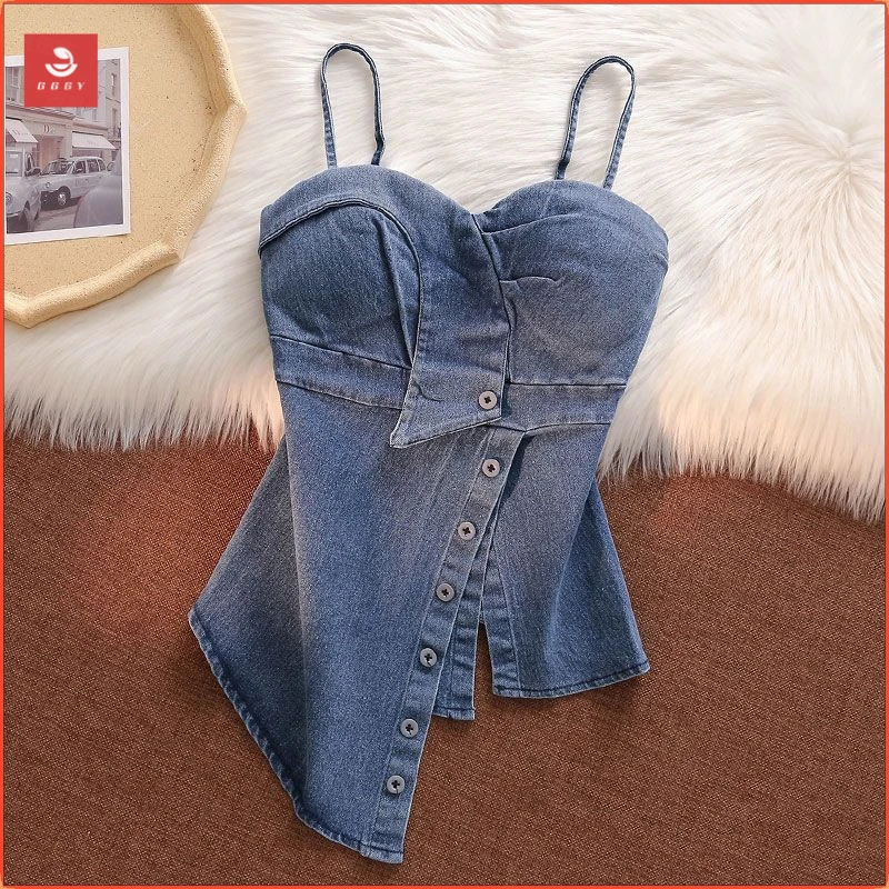 纯欲辣妹牛仔抹胸吊带背心女夏外穿带胸垫性感裹胸不对称短款上衣