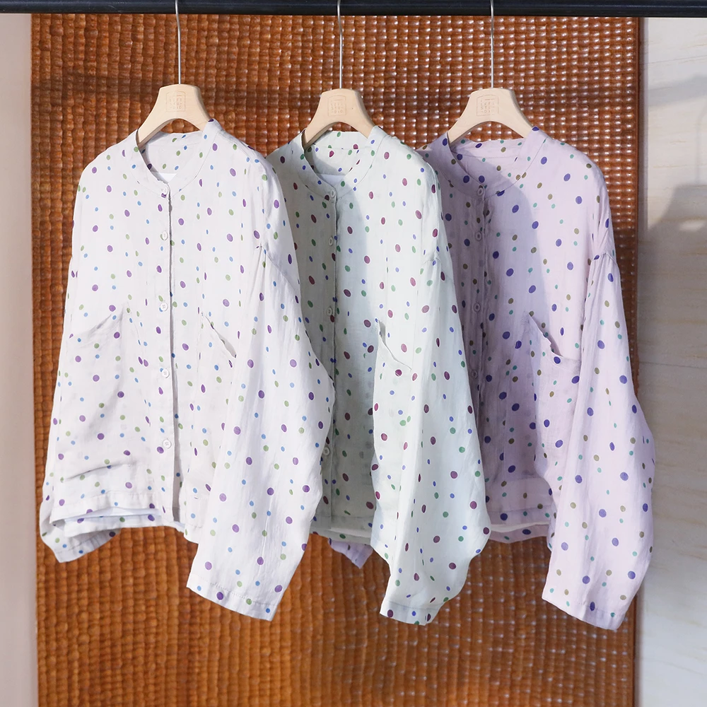 春季新款彩色点点印花苎麻圆领开衫 大口袋双层宽松上衣 82509