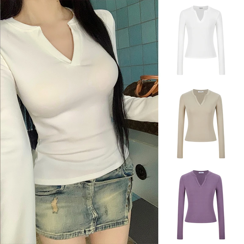 Moses Queen/魔西女王v领正肩T恤修身打底衫辣妹纯色显瘦内搭上衣