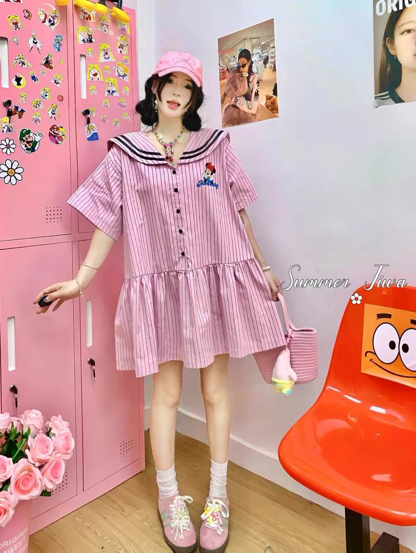 【莹莹推荐】夏季新款海军领条纹娃娃款式宽松短袖衬衫裙女