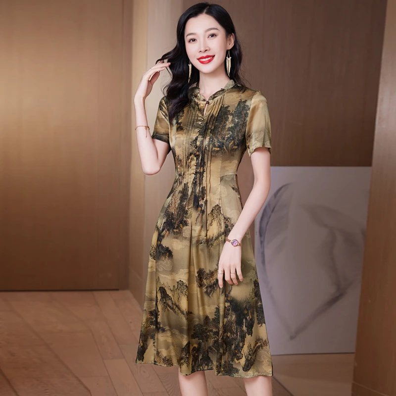 桑蚕丝优雅真丝短袖连衣裙复古印花修身显瘦气质女装精品轻奢长裙