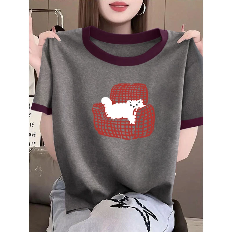 2025新款圆领拼色优质棉短袖时尚小众高级不撞款t恤女士夏季上衣