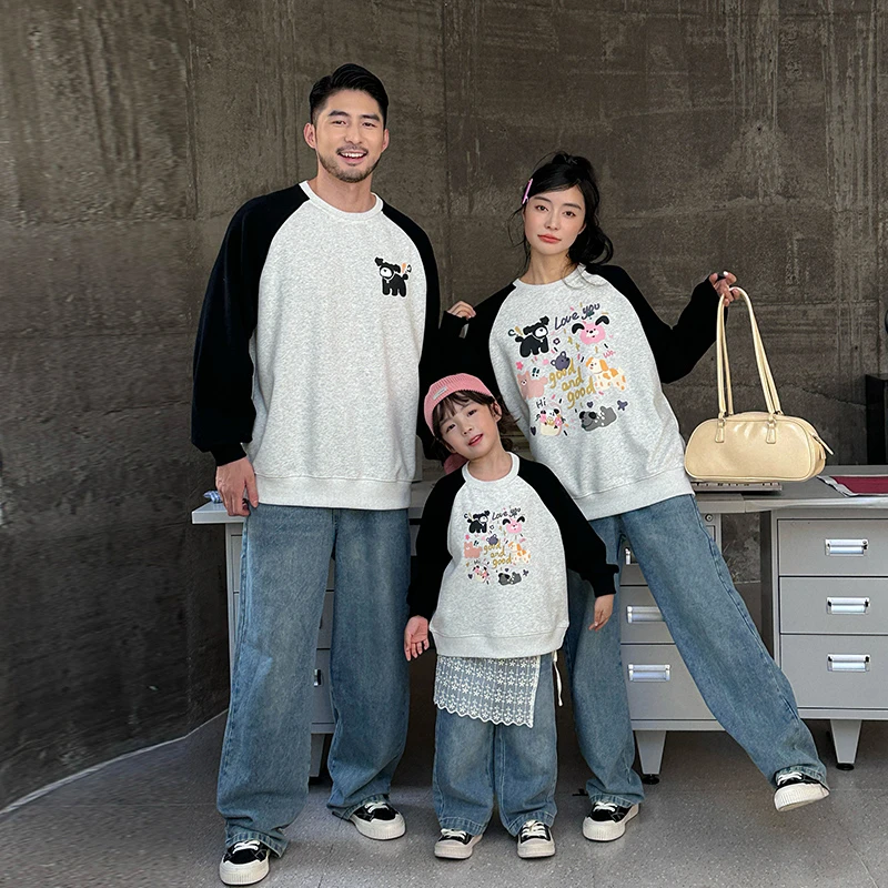 cicibaby亲子装秋季新款时尚一家三四口母子母女装卡通印花卫衣潮