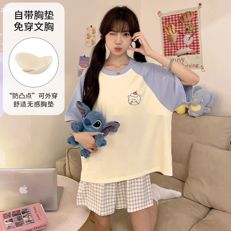 新款格子睡衣女短袖带胸垫一体式可爱甜美学生薄款时尚大码可外穿