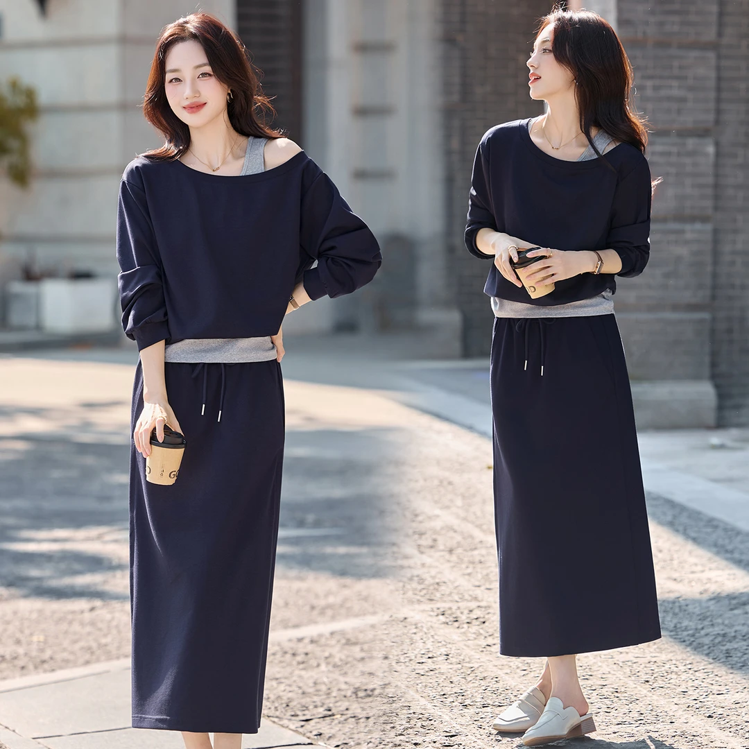 韩版休闲运动套装裙女2025秋季新款露肩假两件卫衣半身裙两件套潮