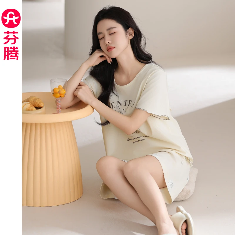 芬腾睡衣女士夏款纯棉短袖短裤套装2025新款夏季可外穿可爱家居服