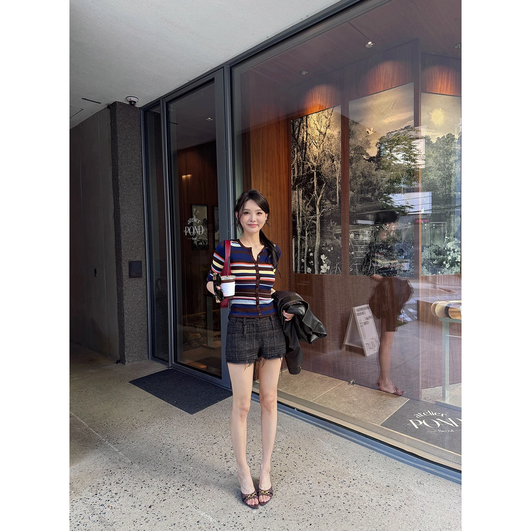 FORNI Coco香香女孩 绵羊毛毛边格纹短裤舒适时尚休闲经典设计师