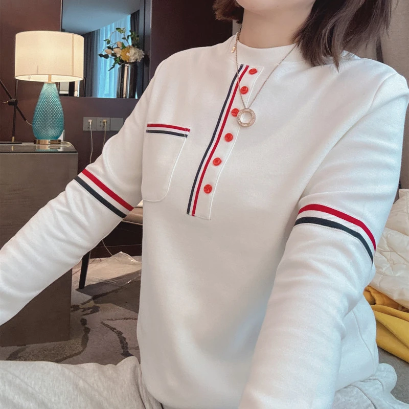 雪姐服饰「半排扣织带长袖」秋冬磨毛织带T恤百搭休闲显瘦圆领长