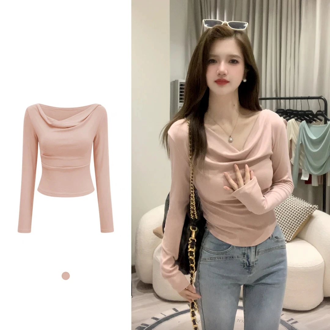 2025夏季新款微胖MM大码荡领打底衫女初春收腰独特别致长袖上衣女
