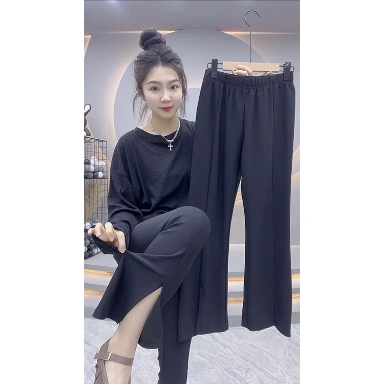 欧货2025新款显瘦百搭松紧腰高弹开衩微喇叭裤下装女潮款