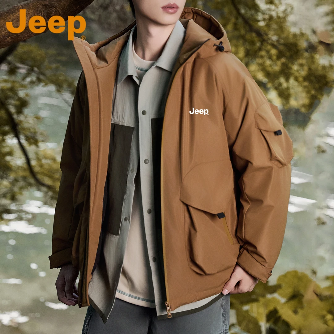 Jeep吉普户外工装风鸭绒连帽羽绒服男冬天御寒防风保暖多口袋外套