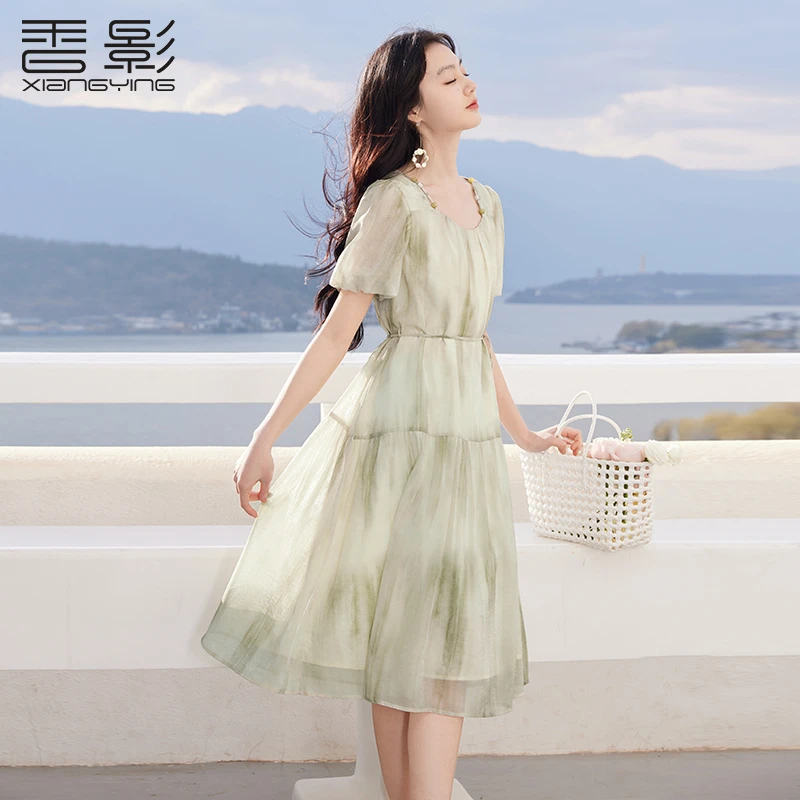 【粉丝专享】L85S042连衣裙 香影法式方领泡泡袖连衣裙女夏装新