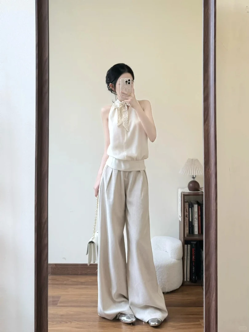 2025新款韩系穿搭套装女夏季露肩挂脖无袖上衣搭阔腿裤气质两件套