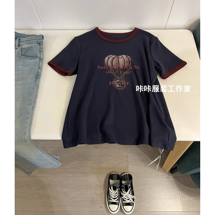 REKAYYAT”热气球“春夏新品韩版潮流百搭字母烫钻印花短袖T恤