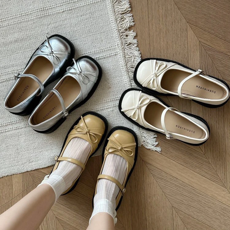 法式银色浅口蝴蝶结玛丽珍单鞋女2025春夏新款厚底配裙子jk小皮鞋