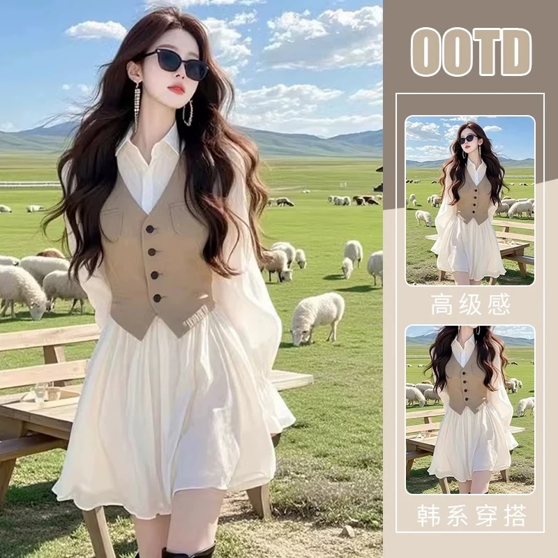 2025春装新款法式高级感漂亮独特气质海边度假白色假两件连衣裙子