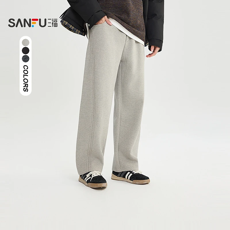 SANFU/三福2025冬季男士宽松弯刀型休闲裤保暖针织加绒长裤515300