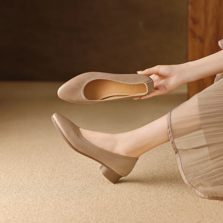 3cm 通勤休闲百搭粗跟单鞋春季法式复古简约时尚舒适软底浅口单鞋
