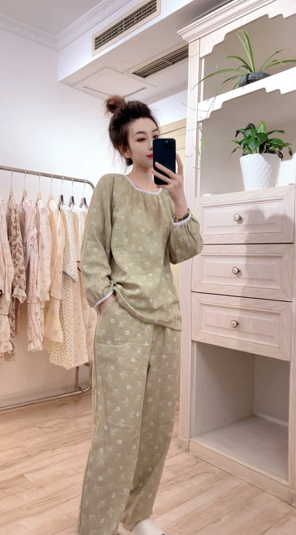 （断码专区大码）全棉双层纱长袖女士秋季舒适家居服套装宽松