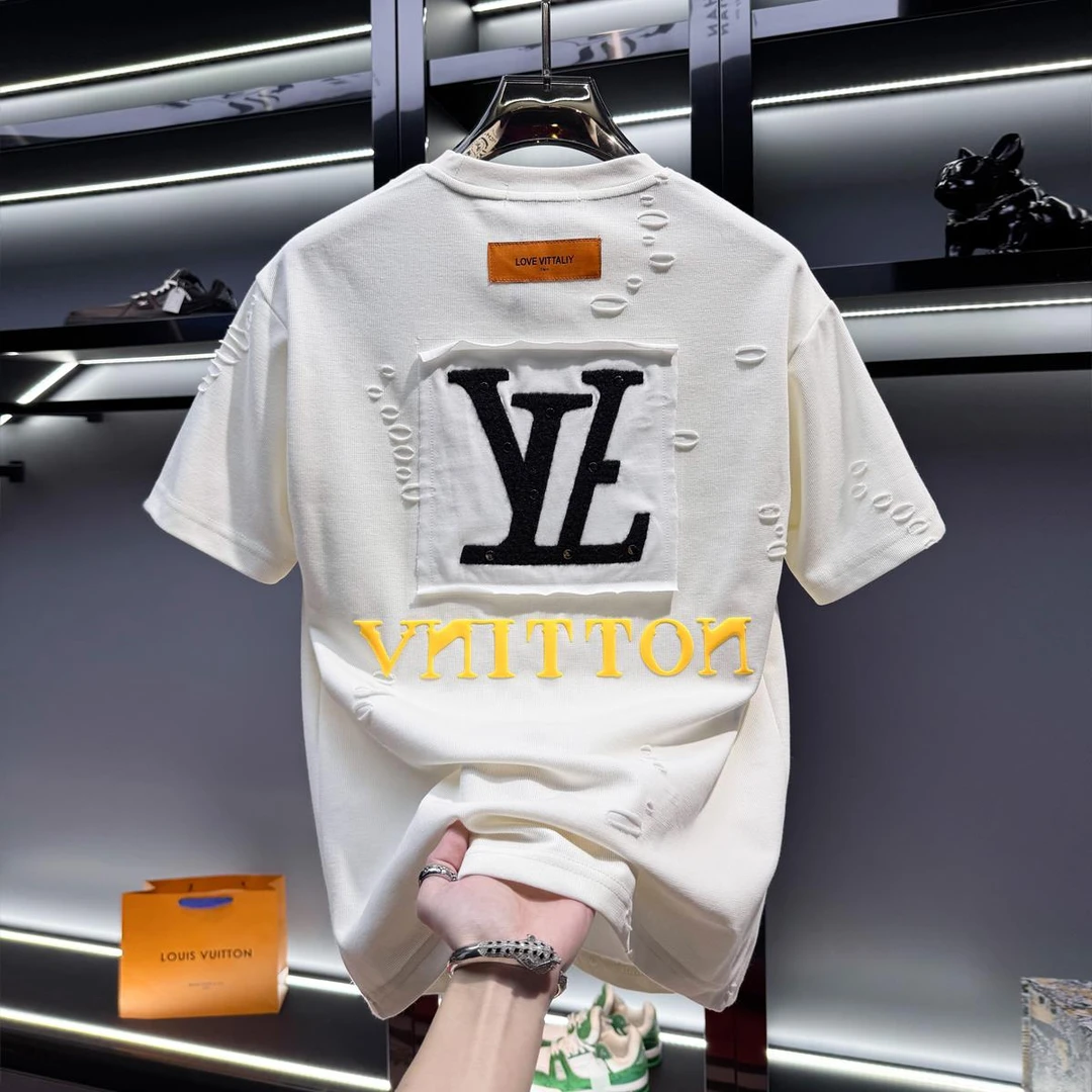 品牌精选男士高端破洞胶印短袖t恤潮牌时尚2025新款夏季半袖男