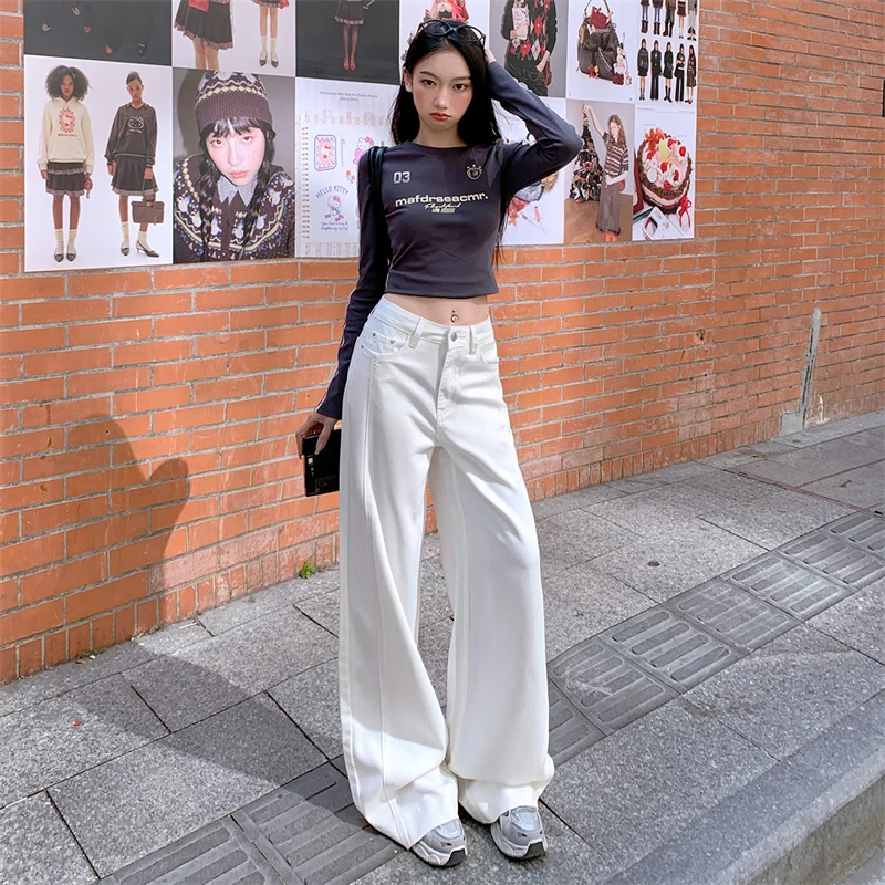 白色三防阔腿牛仔裤女2025春季新款高腰宽松显瘦侧缝拉设计拖地裤