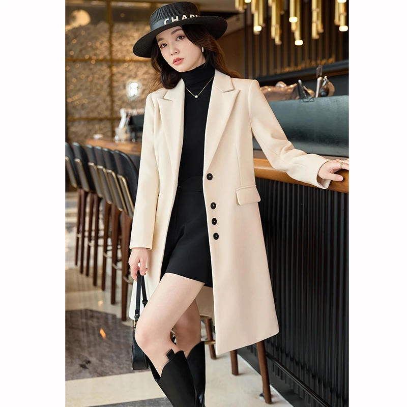 米白色中长款毛呢西装外套女秋冬2025新款高级感气质通勤休闲大衣