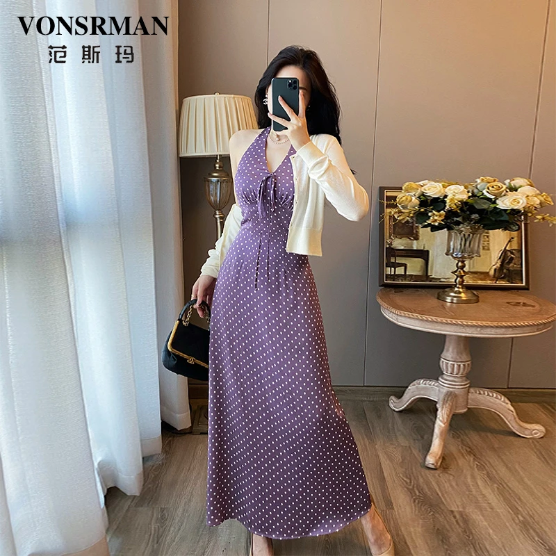法式复古波点吊带连衣裙女2025夏季新款紫色高级感气质显瘦长裙子