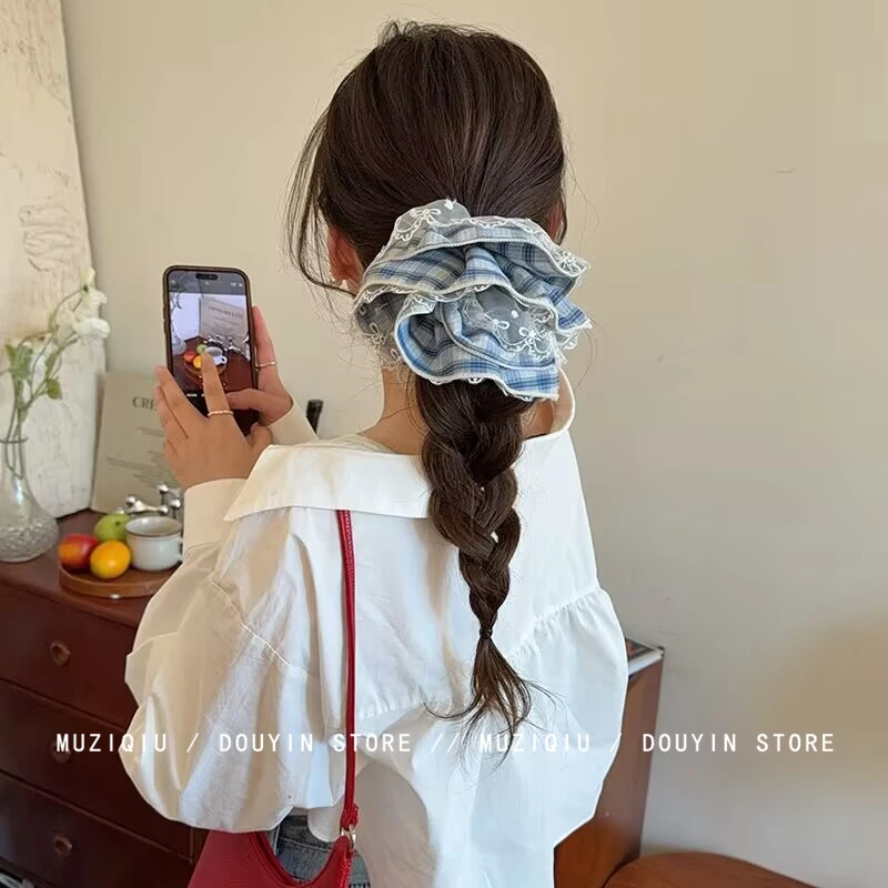 木子秋韩系蕾丝格子头绳女高级感大肠发圈2025新款扎头发橡皮筋