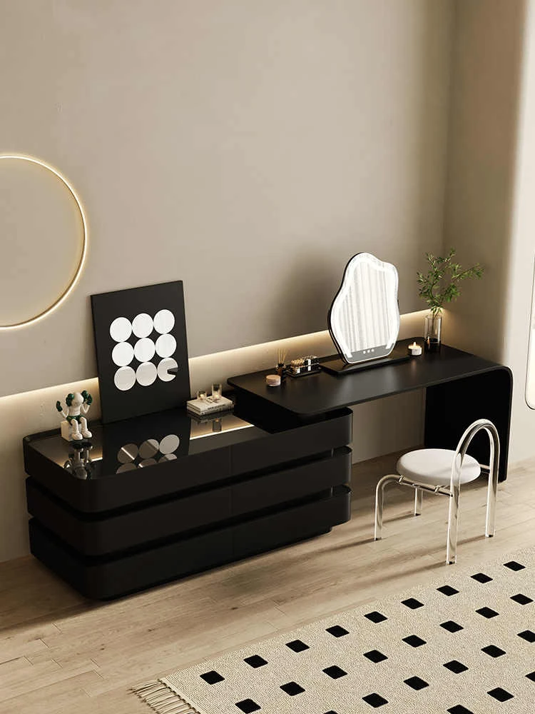黑色梳妆台斗柜一体意式化妆桌复古风卧室床尾高级实木