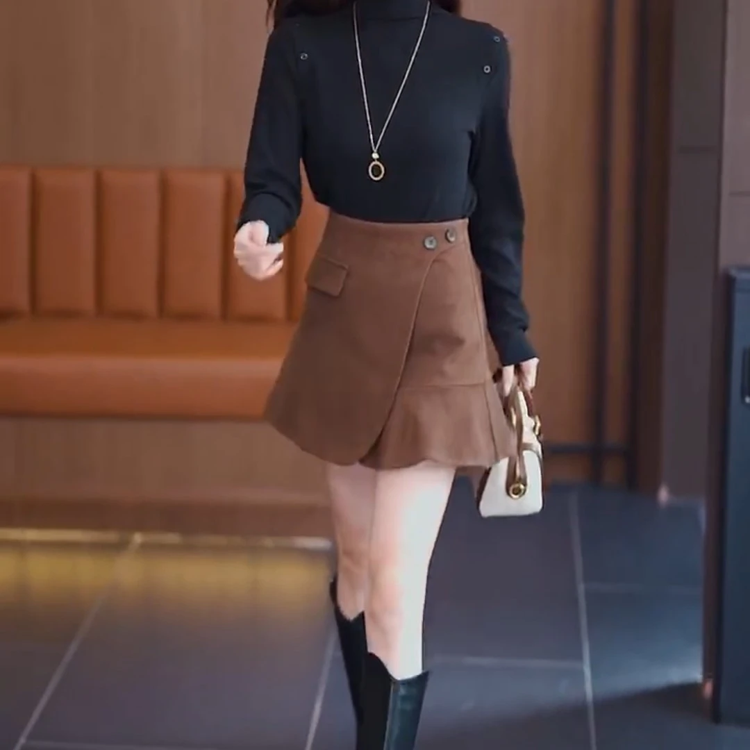 裙长41厘米黑色咖色高腰包臀鱼尾裙女春秋季显瘦半身裙短款