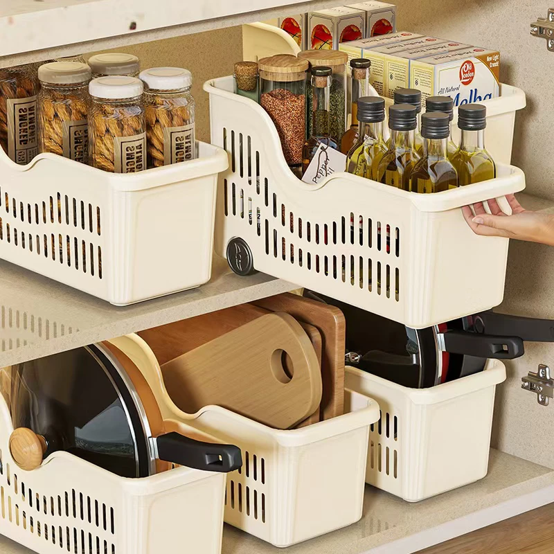 新款长方形镂空款厨房桌面收纳盒家用橱物柜整理锅具盒子储物篮