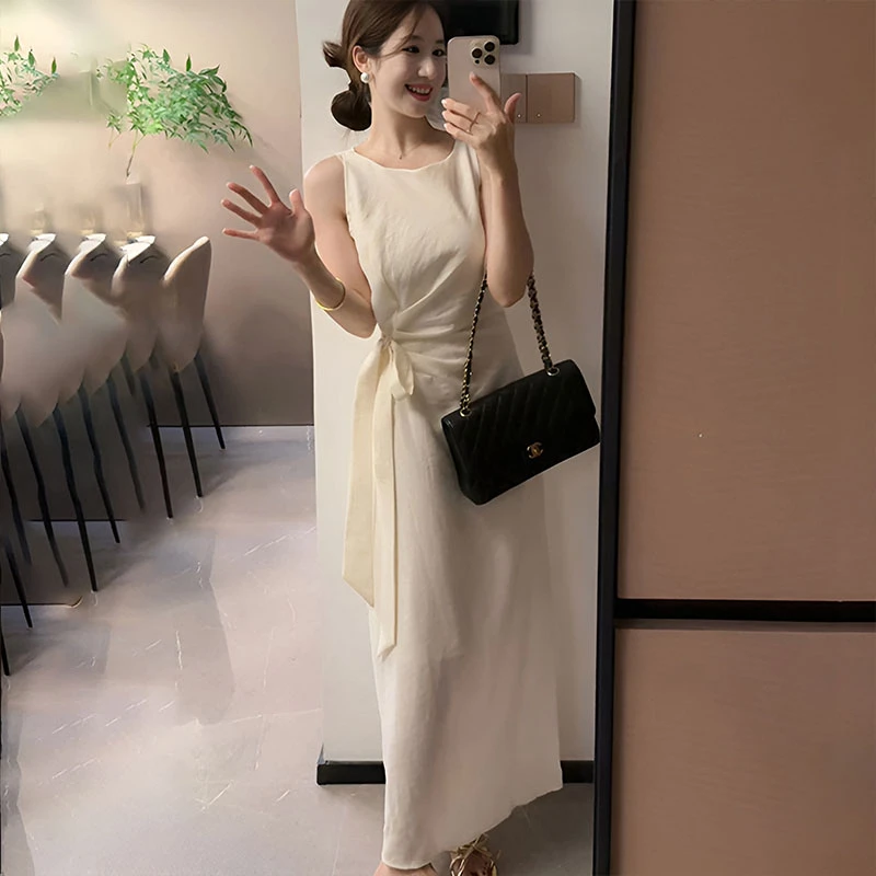 复古轻奢吊带无袖系带今年流行连衣裙女2025新款夏季亚麻圆领长裙