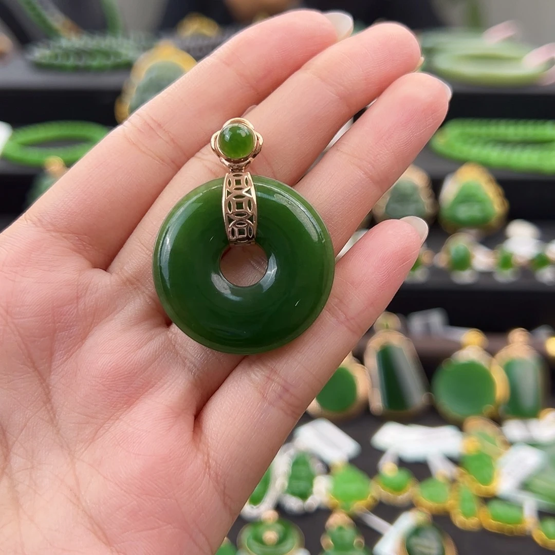和田玉（碧玉）18K金镶嵌吊坠(不含链)老坑菠菜绿平安扣30mm