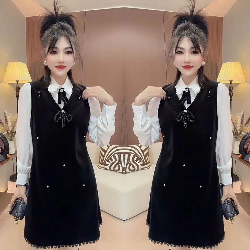 千金轻奢风钉珠蝴蝶结蕾丝边显瘦衬衫连衣裙女冬季新款