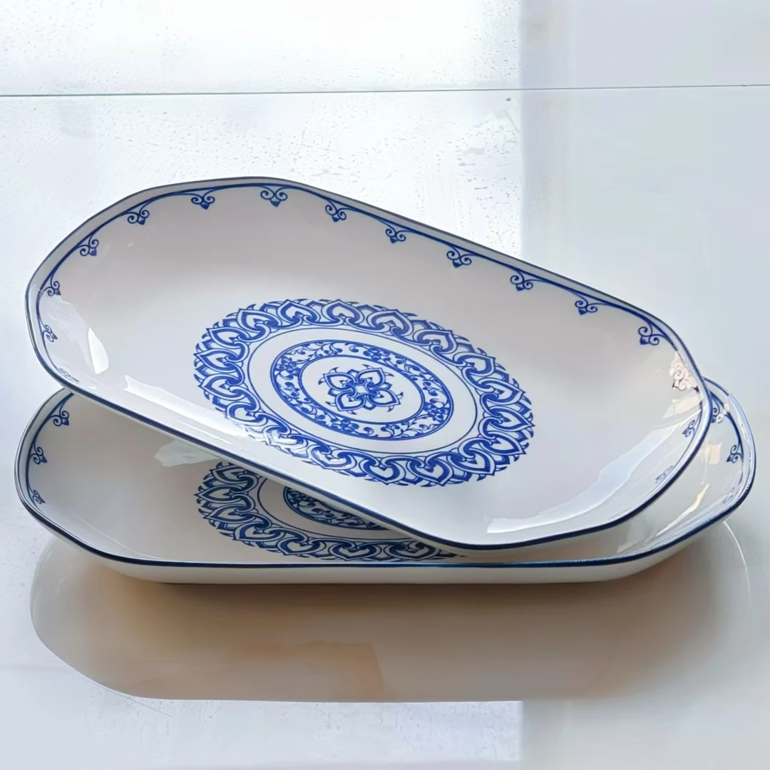 【2只装】12英寸青花华禧鱼盘菜盘子餐具大号陶瓷盘长方形家用蒸鱼