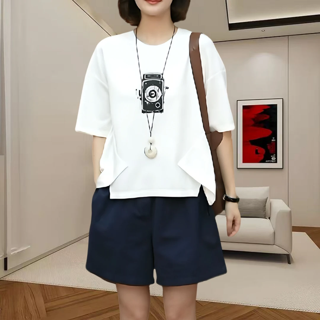 2025夏季圆领独特设计感慵懒T恤遮肚显瘦印花短袖多巴胺服装女